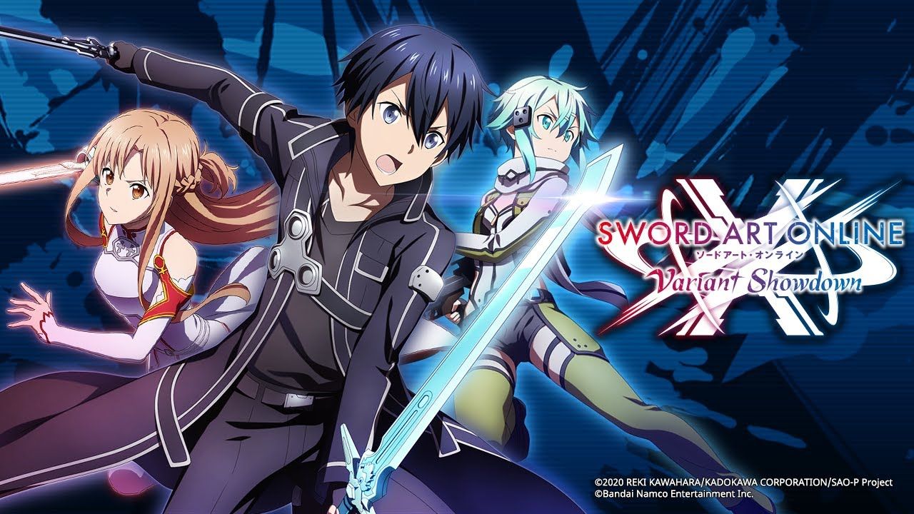 the feature image for our sword art online tier list guide, this image features the sword art online characters called kirito, asuna and asada, all in a battle pose as they wield their weapons, the sword art online vs logo is on the right hand side