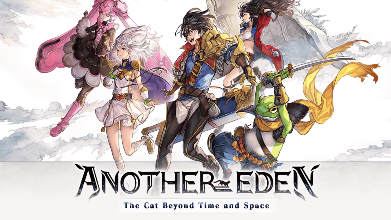The featured image for our Another Eden tier list, featuring a group of Another Eden characters gathered and walking together infront of a white terrain background.