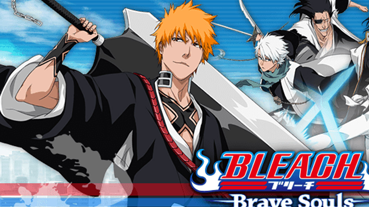 The featured image for our Bleach: Brave Souls tier list, featuring the main protagonist posing for the camera with a mighty melee weapon. Behind him is another two characters and a blue sky.