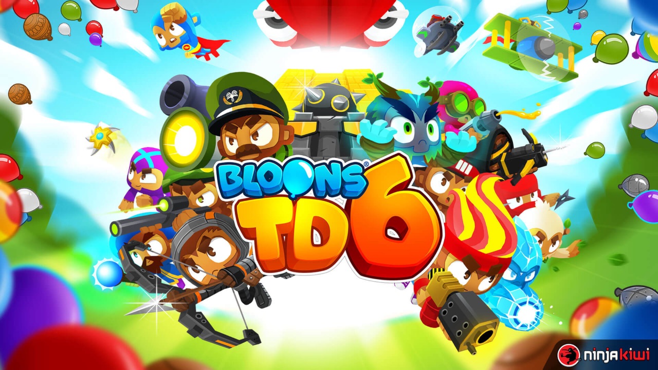 The featured image for our Bloons TD 6 tier list, featuring a roster of characters from the game all jumping up in the blue sky together, with the Bloons TD 6 lettering in the centre of the frame.