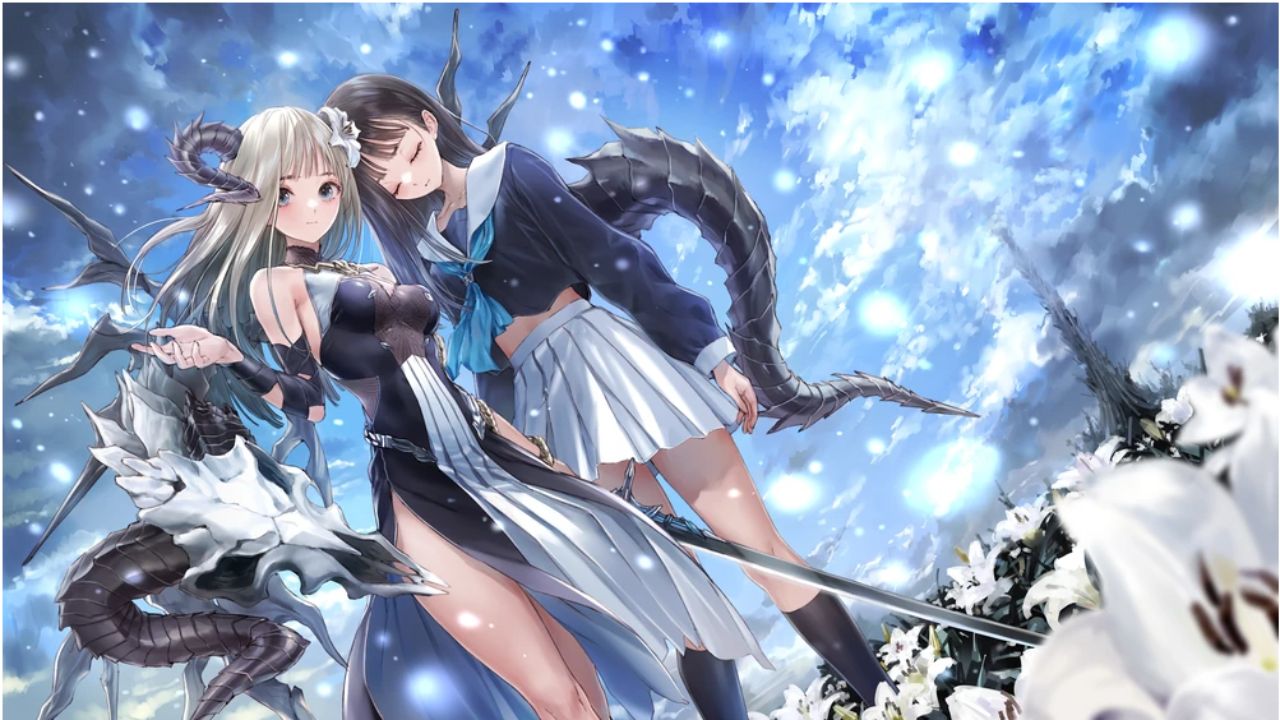 Feature image for our Blue Reflection Sun tier list, showing two vharacters standing in a field of flowers.