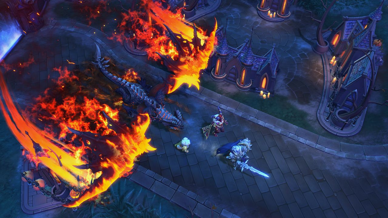 Feature image for our Heroes Of The Storm tier list, showing a screenshot of Deathwing flying down toward several characters, wings burning.