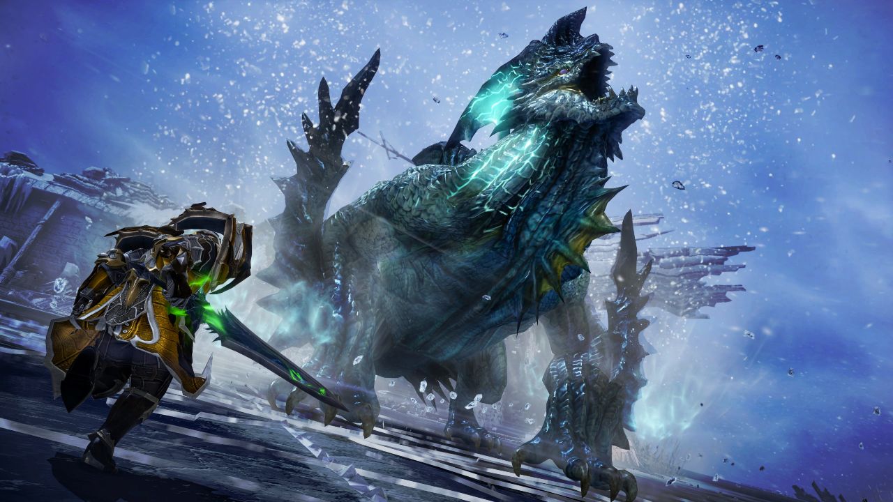 Feature image for our Lost Ark tier list, showing a screenshot from the game, with a player character charging a monster.