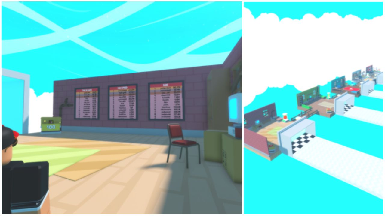 feature image for our protube race clicker codes guide, the image features two screenshots from the game, one with a roblox character looking towards boards on a wall, and the other being a screenshot of some of the racing tracks