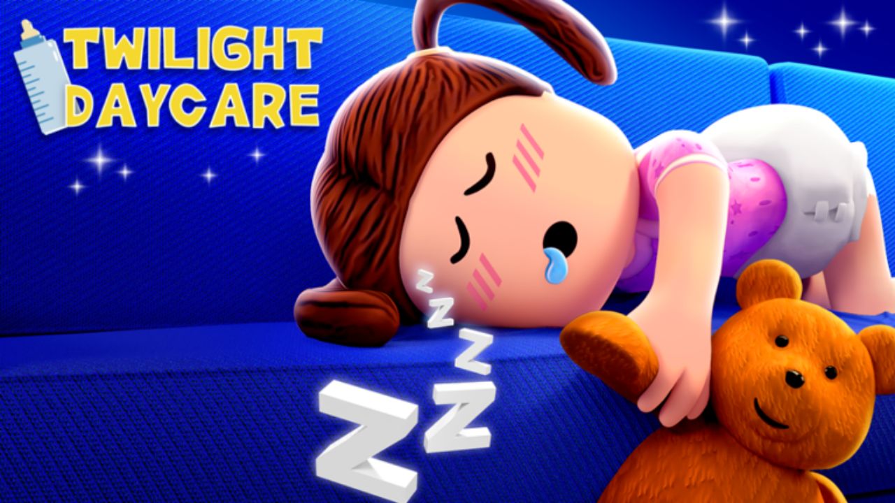 Feature image for our Twilight Daycare codes guide. It shows a Roblox child character, asleep with a teddy bear.