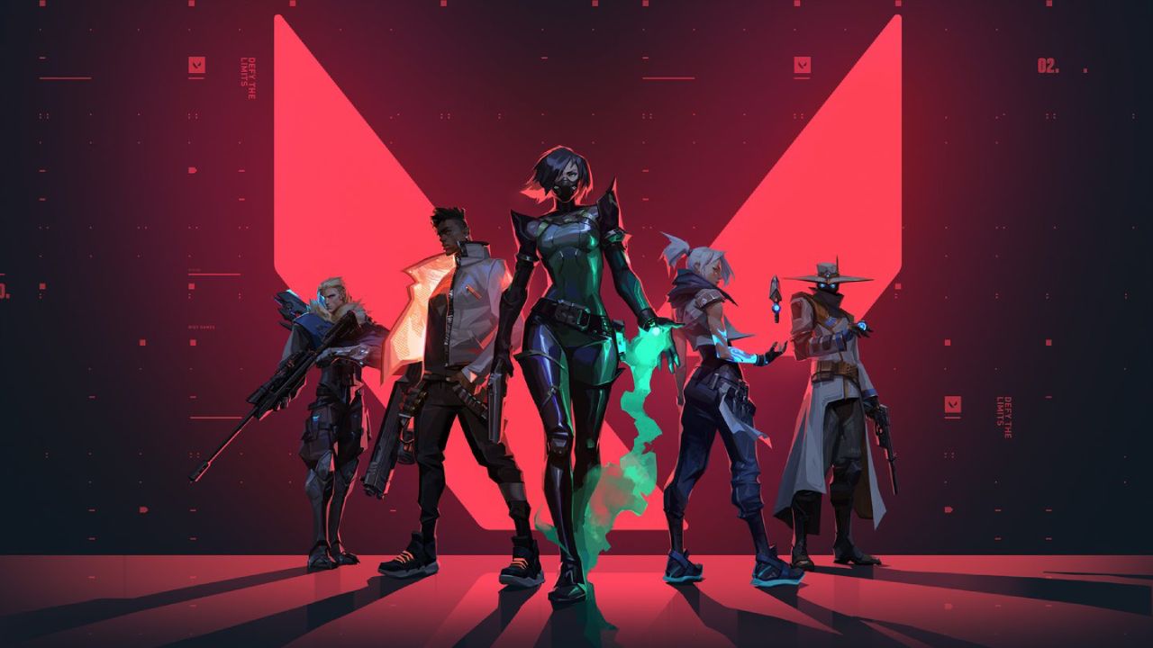 feature image for our valorant agent tier list guide, the image features a red background, with the game's logo and some of the playable agents