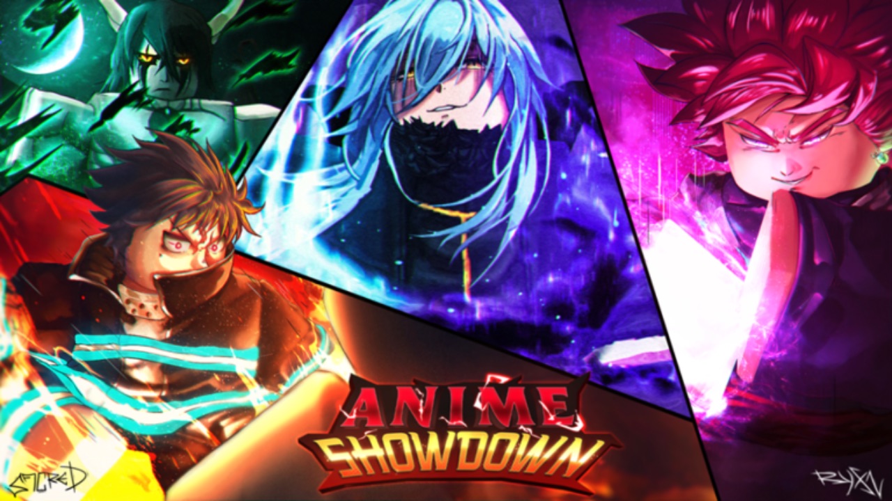 The featured image for our Anime Showdown tier list, featuring several anime characters from the game in a collage. Each seperate space contains a different character, and they have different colours; blue, violet, majenta, red, green, orange.