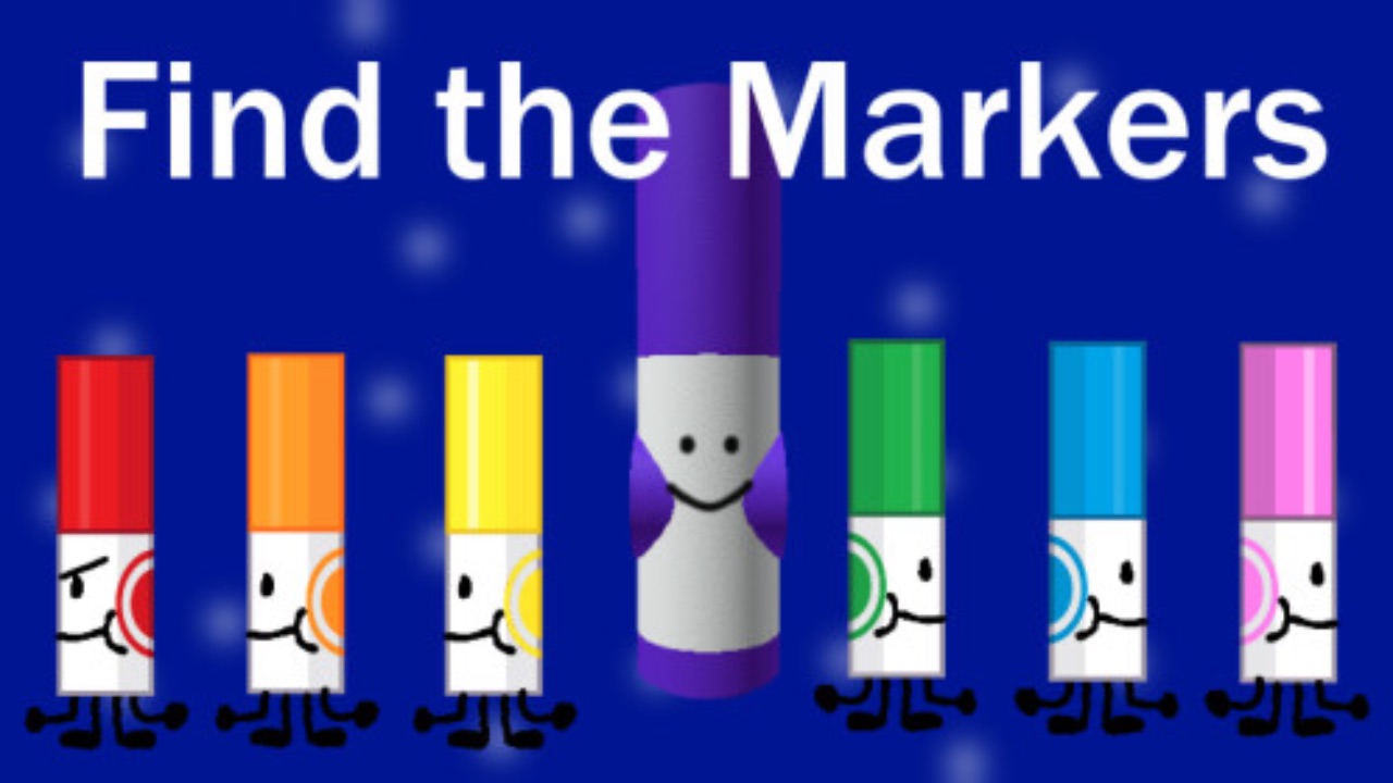 The featured image for our Find The Markers Dark Markery guide, featuring red, orange, uellow, purple, green, blue, and pink markers.