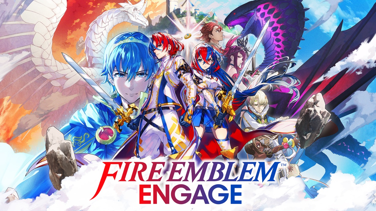 The featured image for our Fire Emblem Engage tier list, which is a promotional image for the game. The image is a giant, colourful poster that mainly features red, blue, and white. The image features the game's main characters all looking towards the camera, posing with their swords. They are standing on clouds, with the game's title underneath.