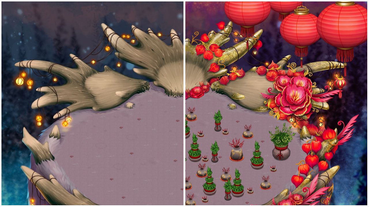 feature image for our my singing monsters magical sanctum guide, the image features half of a screenshot of the magical sanctum island, as well as half of the seasonal event for the island covered in large red flowers and lanterns