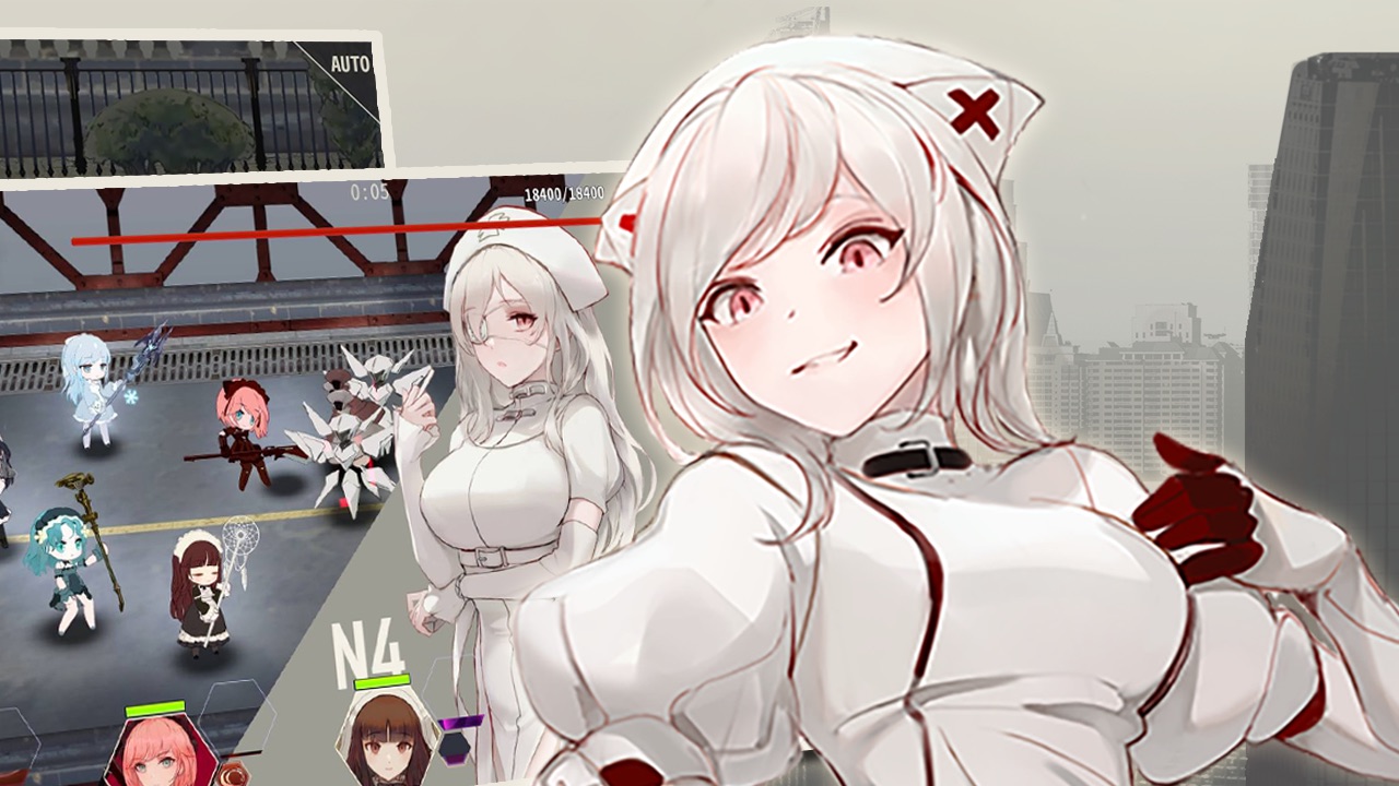 The featured image for our Maid Master tier list, featuring a woman dressed in white clothing. She looks at the camera and smiles. Behind her is a screenshot of the game, showing her character watching a team in combat.