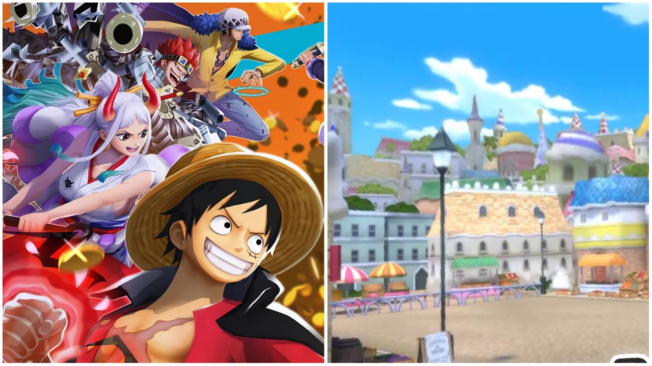 feature image for our one piece bounty rush tier list, the image features promo art for the game with characters from the franchise as well as a screenshot of an area from the game