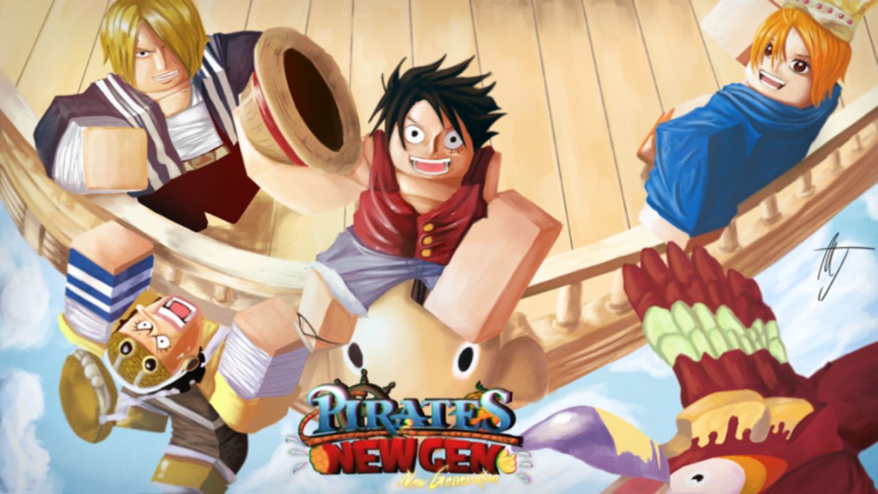 feature image for our pirates new generation codes guide, the image features the games logo as well as drawings of roblox versions of some of the characters from one piece