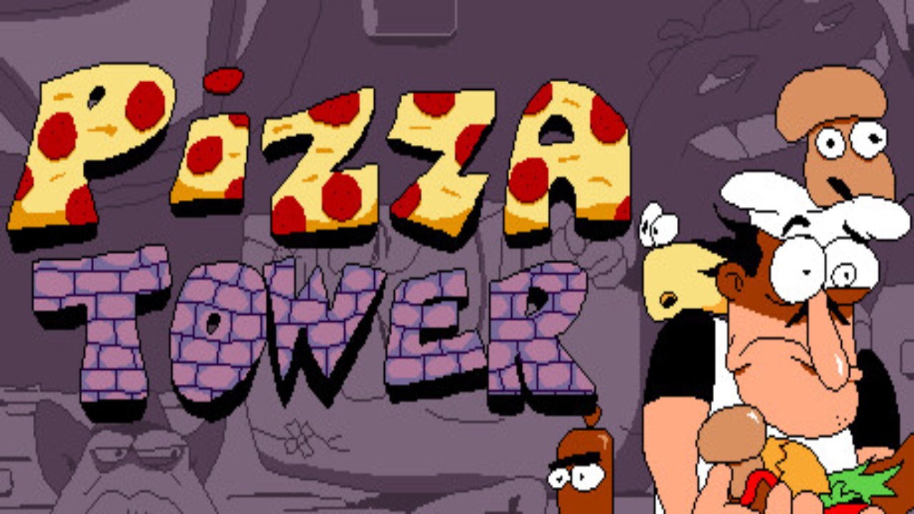 The featured image for our Pizza Tower Secrets guide, featuring the game's logo, along with the main character to the right. The main character looks exhausted and paranoid, and he wears a chef's hat. The art style takes after 90s cartoons.