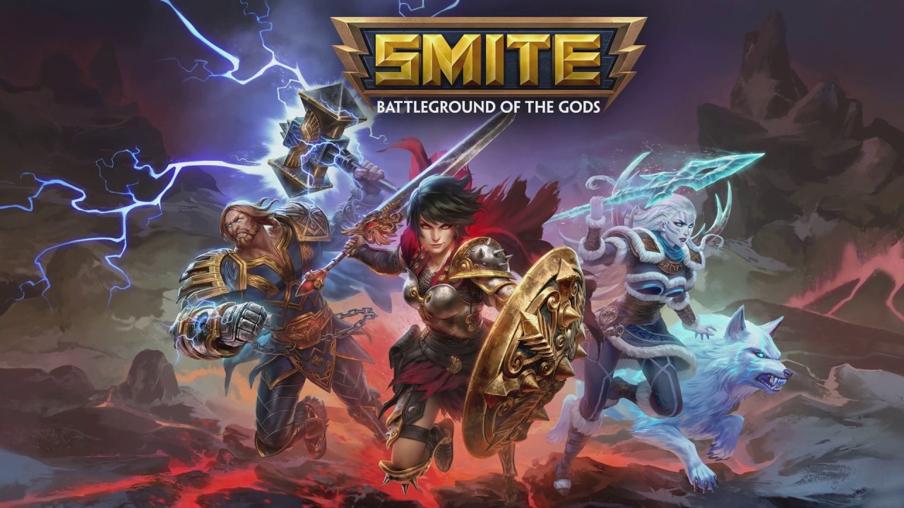 The featured image for our Smite tier list, featuring three Gods running towards the camera in a dark valley. The God in the middle holds a sword and shield, the God to the right is wearing blue, and the God on the left is raising a thunderous axe.