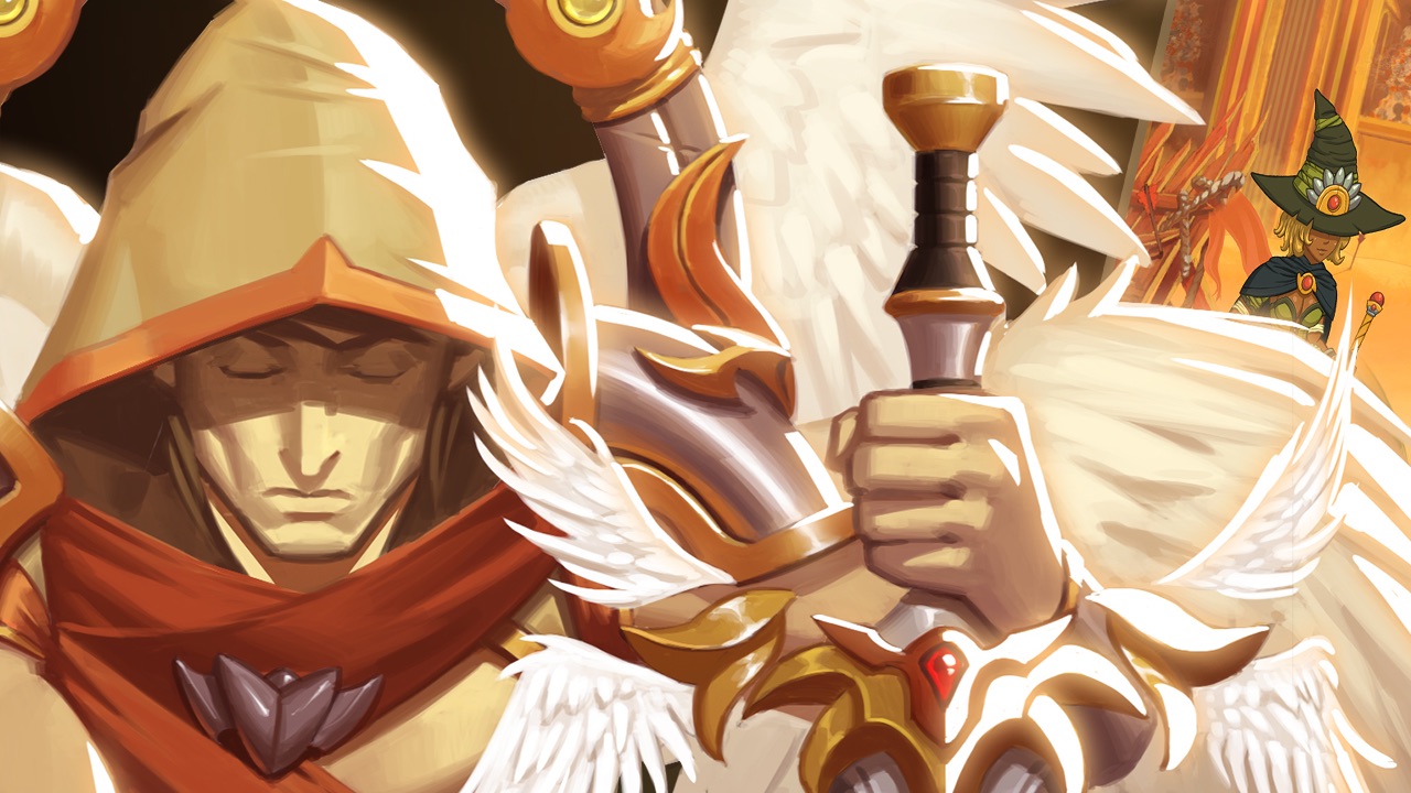 The featured image for our Three Skies codes guide, featuring a close shot of a character from the game, kneeling with a beige hood up, holding his sword out.