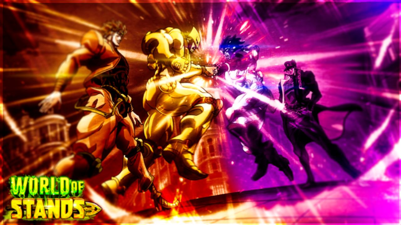 Feature image for our World Of Stands tier list. It shows two Stand characters from the anime Jojo's Bizarre Adventure fighting one another.