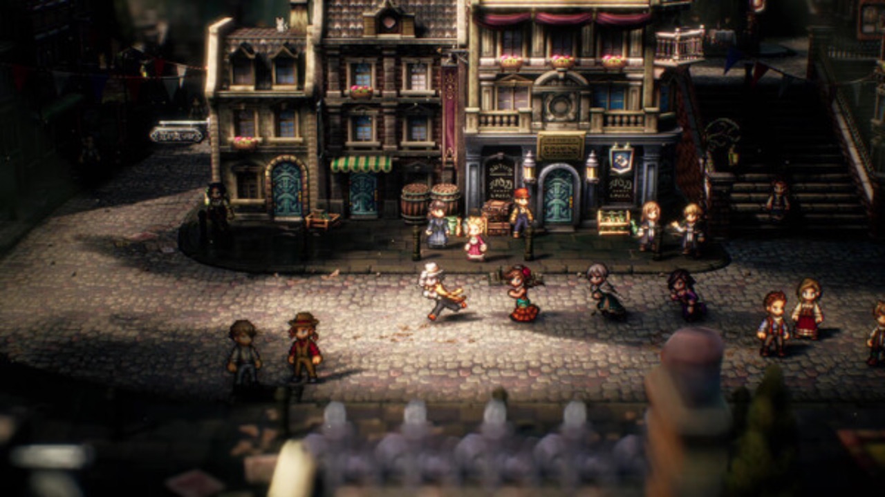 The featured image for our Octopath Traveler 2 tier list, featuring the Octopath Travelers walking through a dimly lit, rustic-looking town.