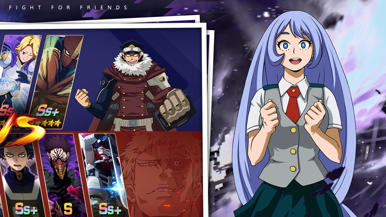 The featured image for our Apocalyptic Rise of Hero tier list, featuring a woman character from the game with long purple hair. She looks happilly at the camera, with a night sky in the background, as well as a distorted screenshot of the game.