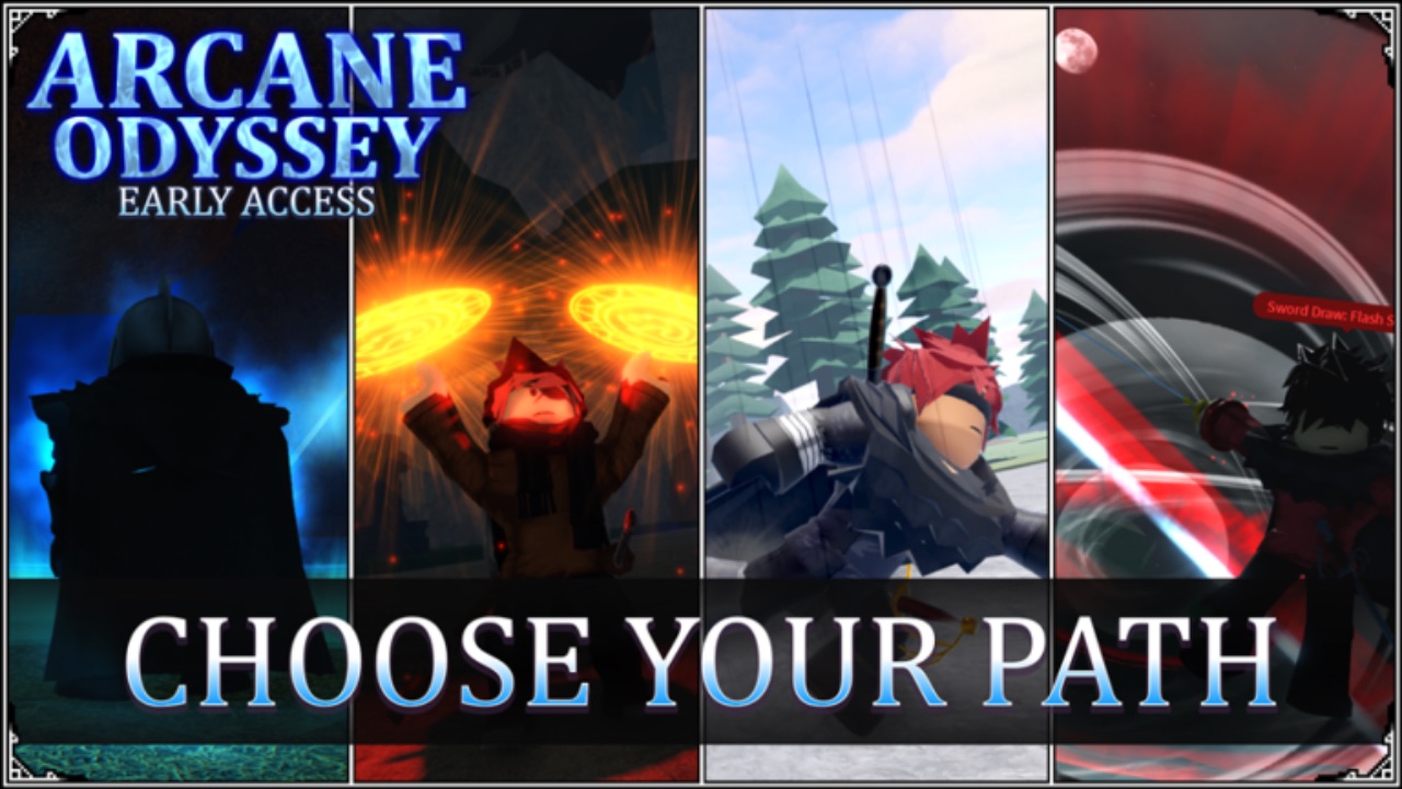 The featured image for our Arcane Odyssey tier list, featuring four stills from the game edited together in a collage. In the top right of the picture is the game's title card, with "Early Access" underneath it. At the bottom of the picture, a heading reads "Choose your path". The stills, from left to right, are a dark silhouette of a mysterious figure, a character holding theirn arms up and summoning fire balls from their hands. The third picture across shows a combatant sliding across the floor in a forest, and the fourht picture shows a character drawing a sword.