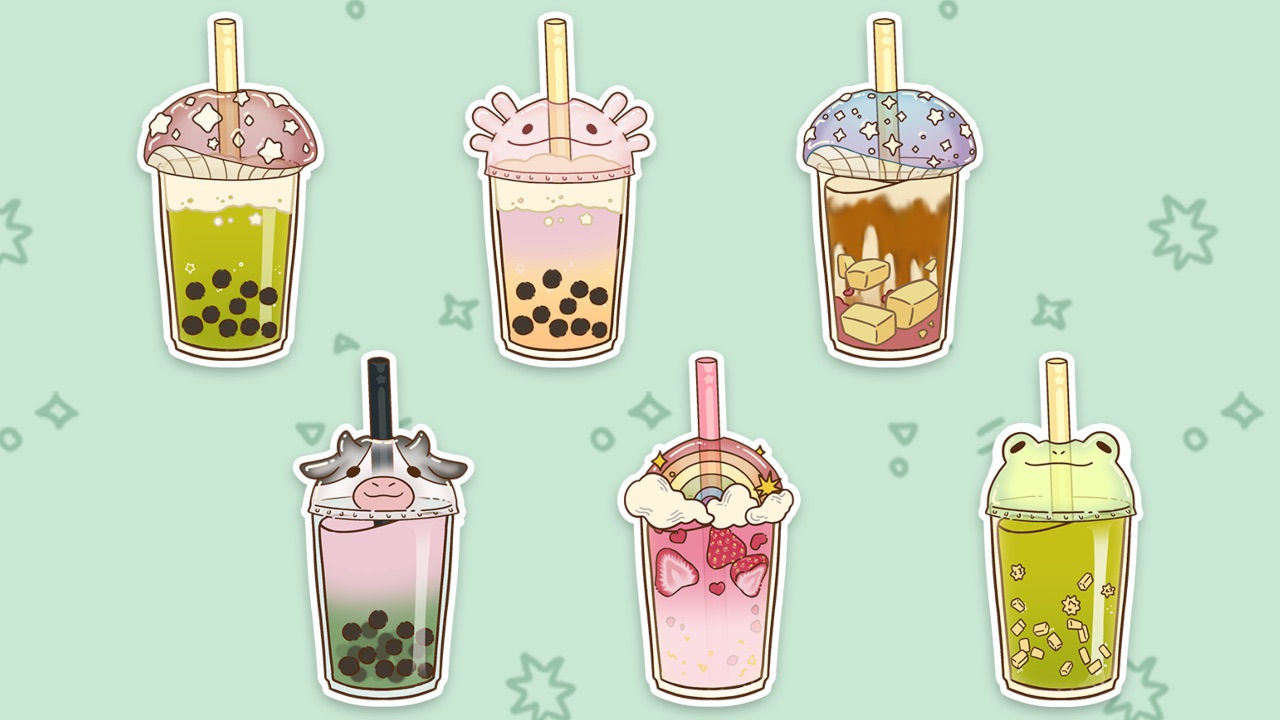 The featured image for our Boba Story Recipes guide, featuring six different bubble teas in disposable cups with straws.