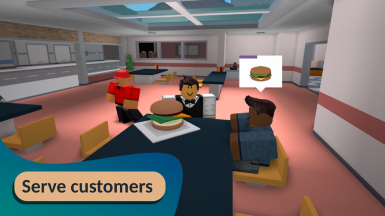 The featured image for our Cook Burgers Roblox secrets guide, featuring a waiter serving a man a burger in a burger restaurant.