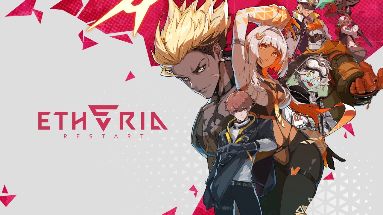 The featured image for our Etheria: Restart tier list, featuring the main characters from the game in various different sizes, with a white and red background.