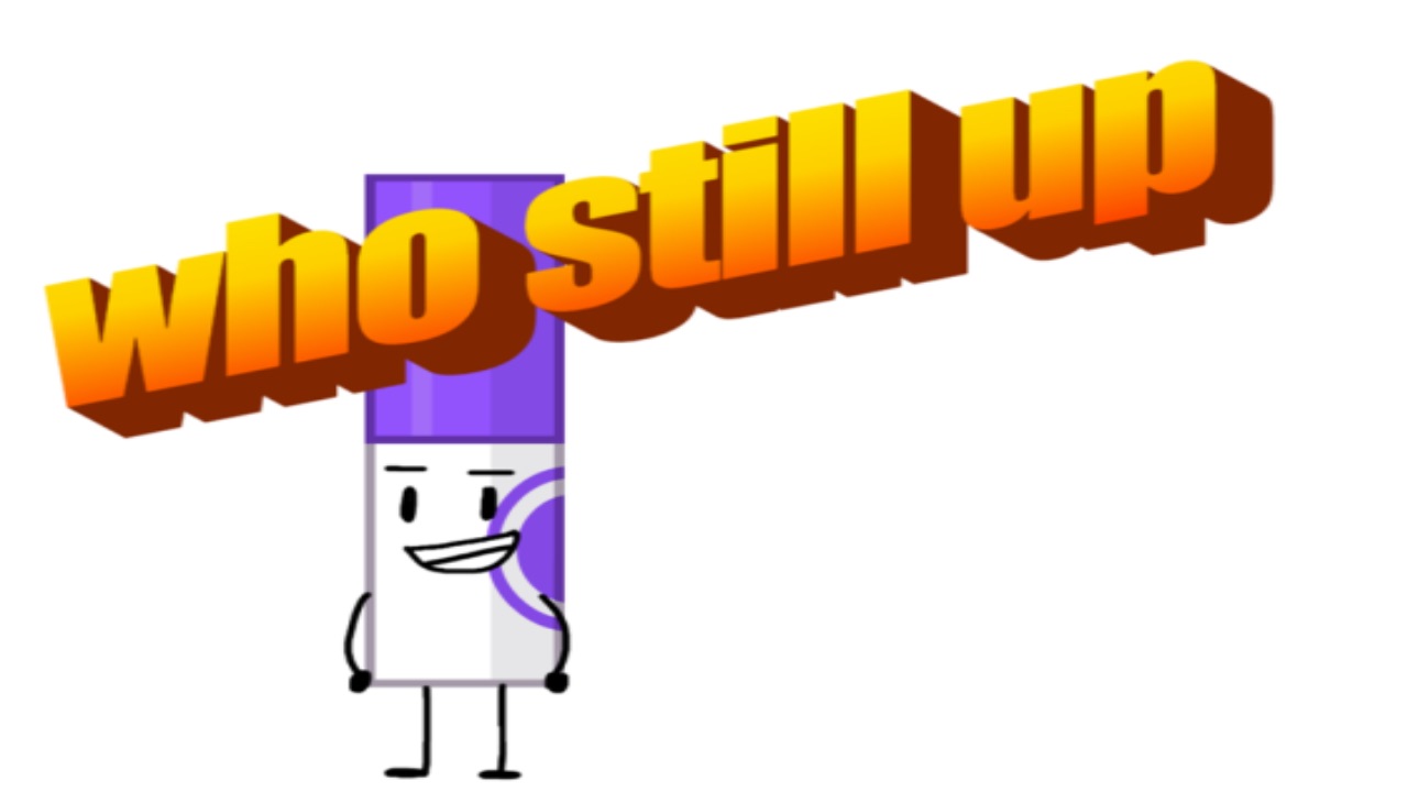 The featured image for our Find The Markers Foliage Marker guide, featuring a purple marker. The text "who still up" is written in orange italics over the marker, and the marker stands infront of a white background.