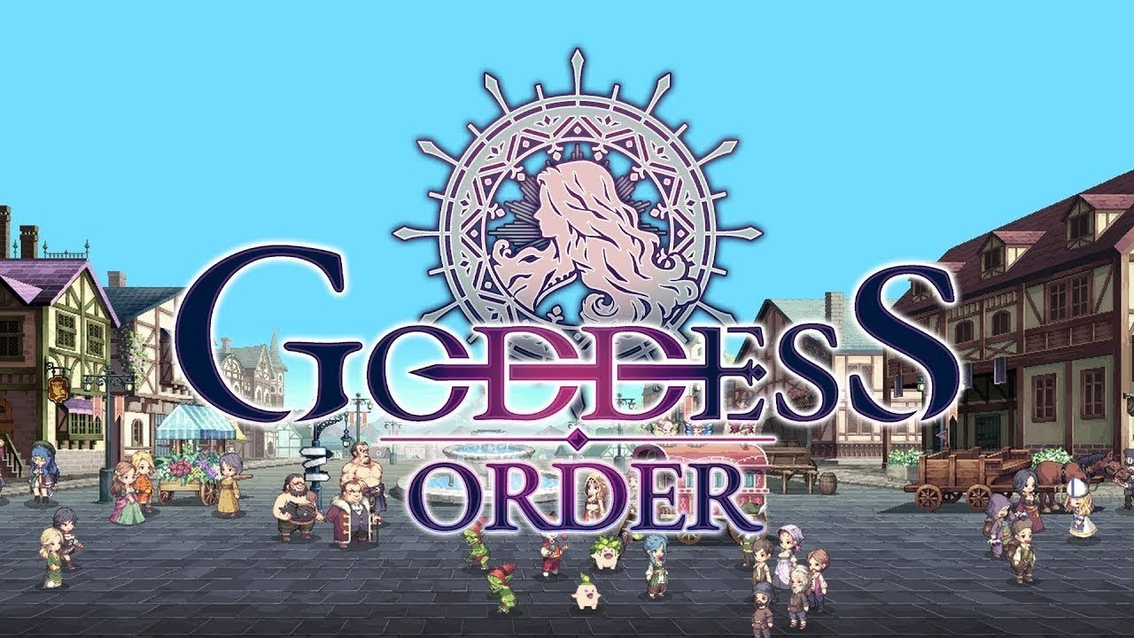 The featured image for our Goddess Order tier list, featuring the game's logo. In the background, a blue sky hangs above an outdoor courtyard filled with 2D pixel people.