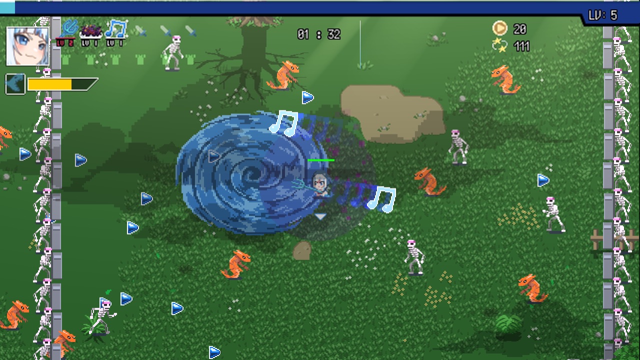 The featured image for our HoloCure new collabs guide, featuring a screenshot of the pixel game. The screenshot shows a Holocure character standing near a swirly blue portal on the ground as skelatons surround them.