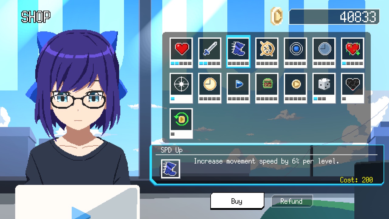 The featured image for our HoloCure New Items guide, featuring the shop UI from the game. A woman sits looking down at her laptop to the left of the screen, facing the camera. She is wearing glasses, and has purple hair.