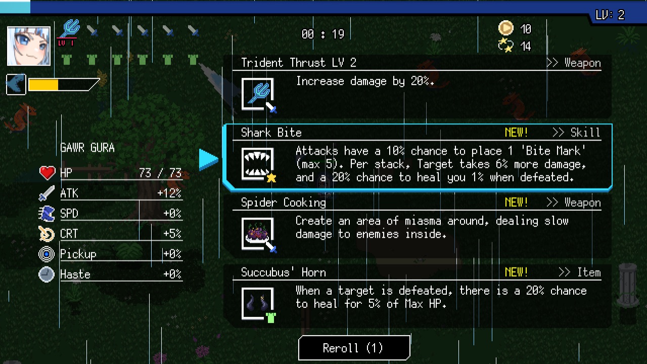 The featured image for our HoloCure weapons guide, featuring a screenshot of a players inventory in the game. The player is looking at the Shark Bite weapon, as well as a few others, such as a Trident Thrust.
