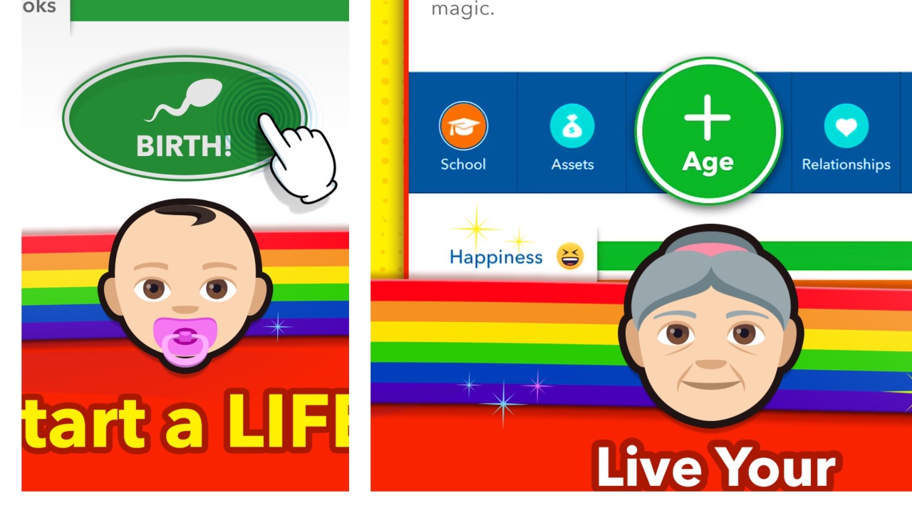 The featured image for our How To Rob A Train In BitLife guide, featuring a baby and an elderly lady facing the camera drawn in a simplistic cartoon style.