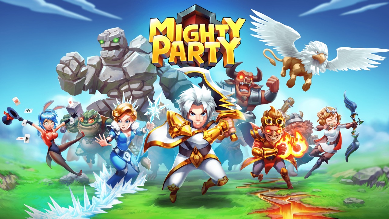 The featured image for our Mighty Party tier list, featuring several characters from the game running towards the camera in a green field. They all have their weapons out, adn above them is the game's logo.