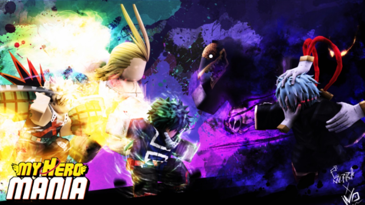 The featured image for our My Hero Mania codes guide, featuring a bunch of heroes fighting against each other in a mix between a purple and golden blaze of light.