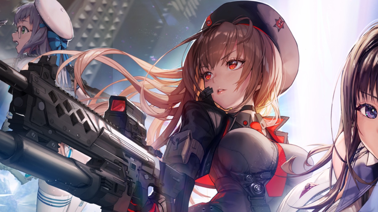 The featured image for our Nikke Twitch Drops guide, featuring a promotional image from the game. The image features three characters, but focuses on one. The woman aims her gun to her right.