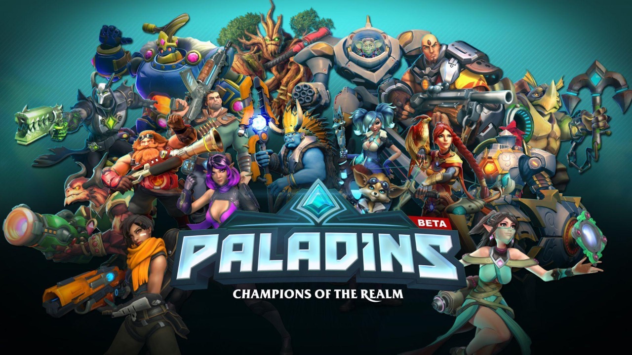 The featured image for our Paladins tier list, featuring a long shot of all the Paladins characters gathered together. In the middle of the image is the Paladins logo, and in the background is a turqoise gradiant.