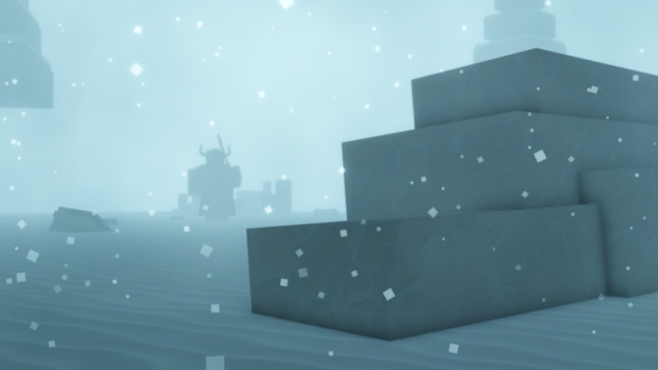The featured image for our PIlgrammed guide, featuring a promotional image for the game. The picture itself is set in the snow, and features a rocky, snowy hill. In the fog, you can mek out a humanoid figure with it's back to the camera.