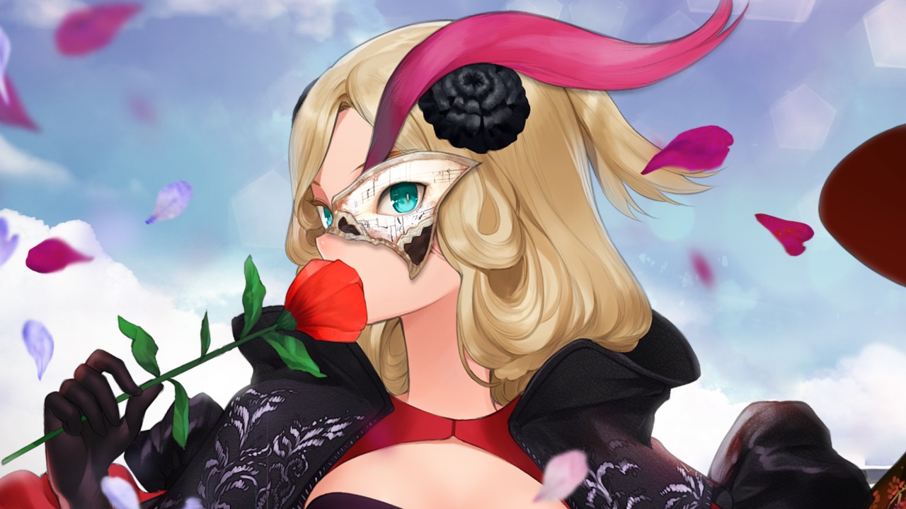 The featured image for our Victory Belles tier list, featuring a character from the game. The woman is standing infront of a blue, cloudy sky, and she holds a rose to her nose while side-looking at the camera.