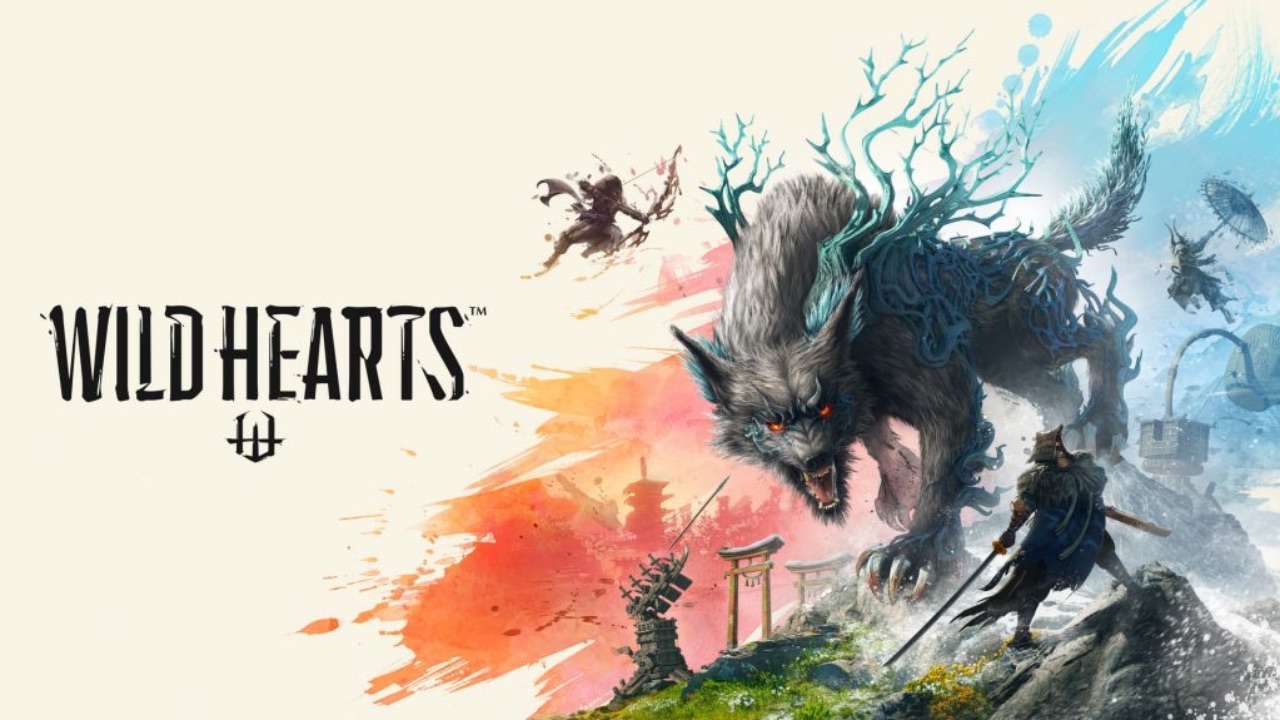 The featured image for our Wild Hearts Weapons Tier list, featuring a painting of a beast from the game. The beast takes the resemblance of a huge wolf, and it snarls at the camera with orange and blue painted in the background.