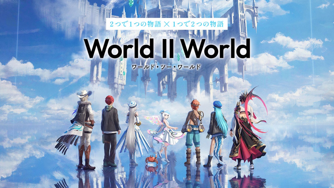 The featured image for our World II World tier list, featuring seven of the game's characters with their backs to the camera. They look ahead at a world high above the clouds.