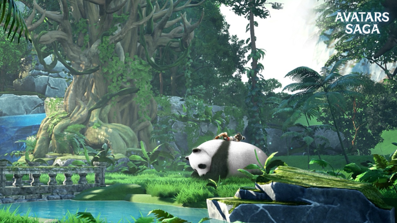 The featured image for our Avatars Saga codes guide, featuring a screenshot of a forest/jungle from the game. A panda lies sleeping on the floor near a small pond.
