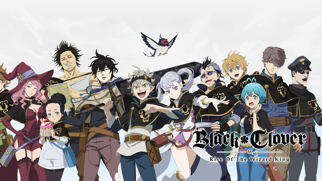 The featured image for our Black Clover Mobile tier list, featuring a bunch of characters from the game all standing together and looking at the camera. The characters seem jolly, and they stand infront of a white background.