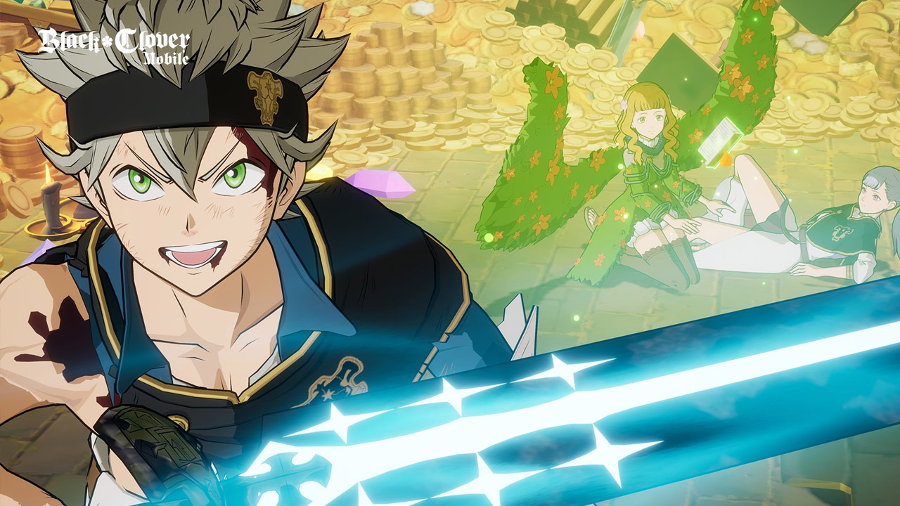 The featured image for our Black Clover Mobile codes guide, featuring a character from the game holding up a blue blade to the camera.