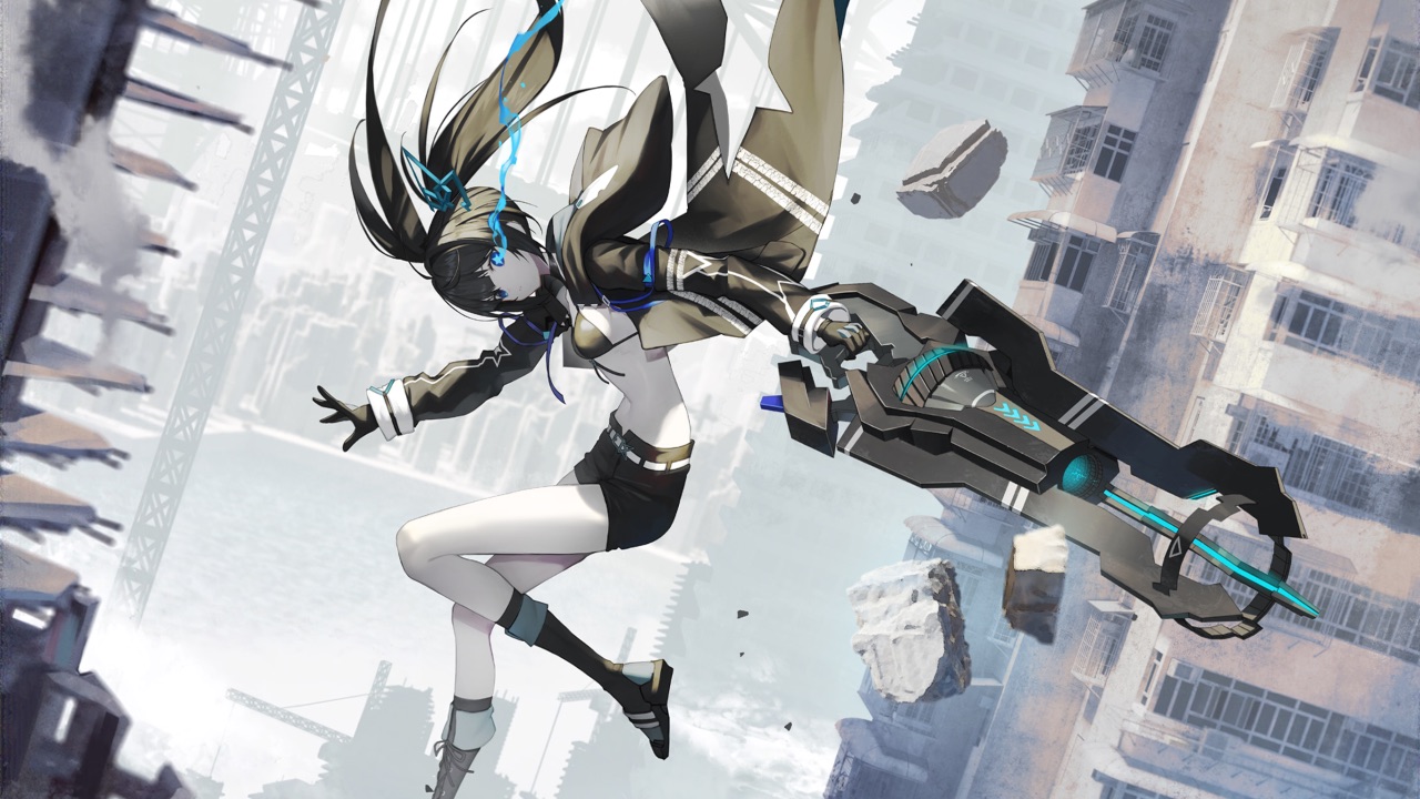 The featured image for our Black Rock Shooter Fragment codes guide, featuring a character from the game falling through the sky, pointing a gun. She is falling in a city.