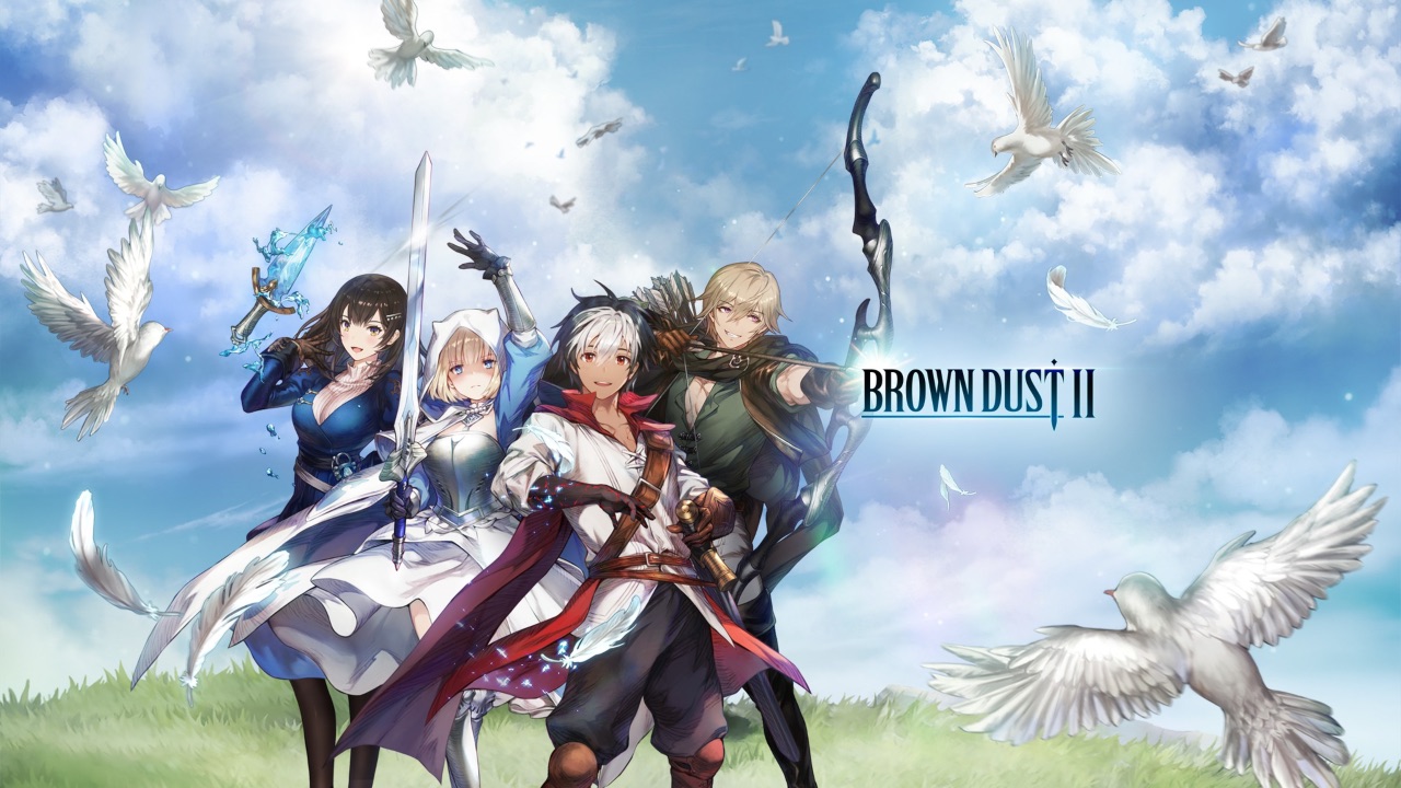 The featured image for our Brown Dust 2 codes guide, featuring a group of the main characters from the game gathered in a green grassy field. White doves fly around them and the cloudy blue sky above.
