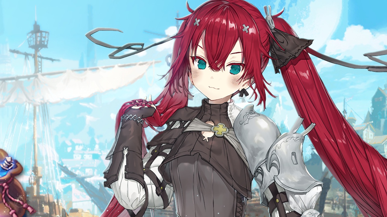 The featured image for our Demian Saga Best Team guide, featuring a character with red hair from the game, looking at the camera and smiling slightly.