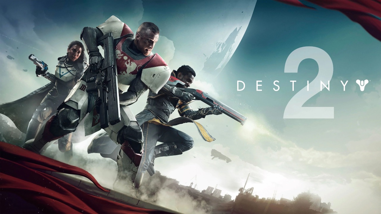 The featured image for our Destiny 2 Exotic tier list, featuring a poster for the game. The poster features three characters in battle armour all shooting and fighting an enemy seen off-screen.