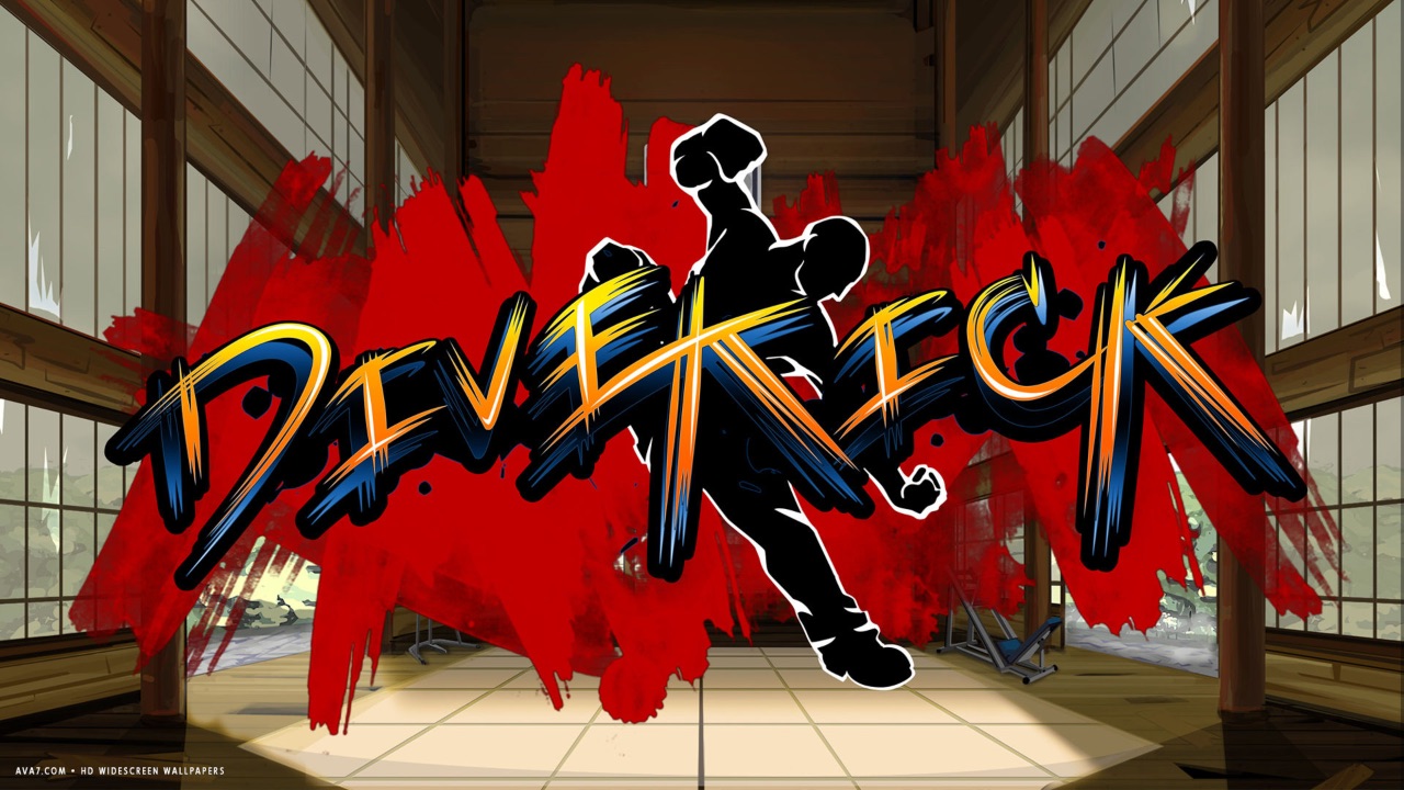 The featured image for our Divekick tier list, featuring the game's title card displayed infront of a splatter of blood in a hallway.