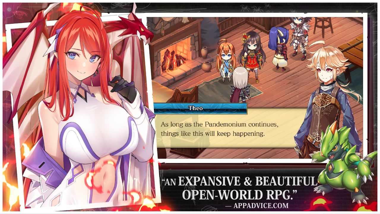 feature image for our evertale tier list, the image features promo art of a character from the game with a red dragon behind her as she is surrounded by flames, there is also a screenshot of gameplay of a group of characters stood by a fireplace on a wooden floor with a bed close by as they interact and chat
